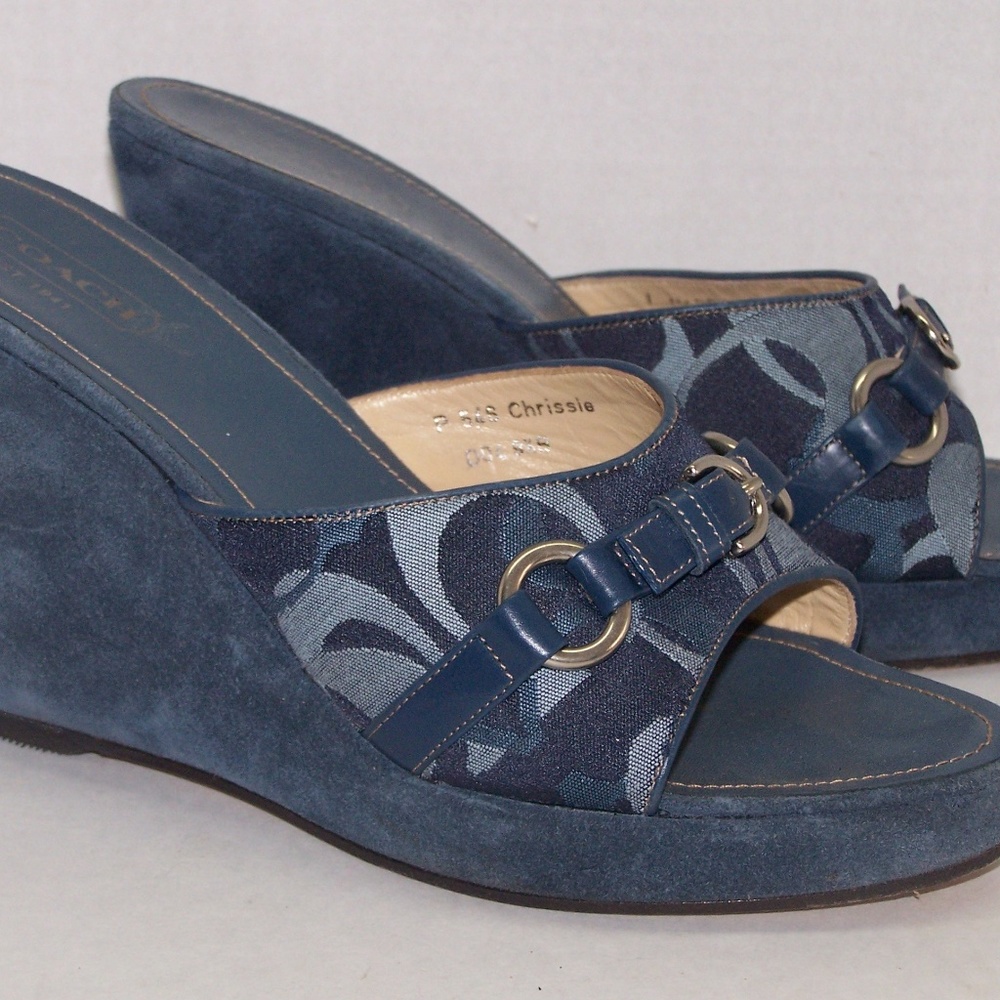 Coach Chris Sig C Canvas Blue Suede Wedge Slides